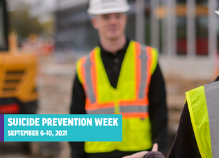 Photo of two construction workers with the text "Suicide Prevention Week, Sept. 6-10"