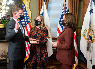 Secretary Walsh is sworn in by Vice President Harris