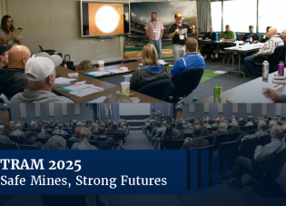 A graphic with two photos of sessions from the TRAM conference and the text “TRAM 2025: Safe Mines, Strong Futures” 