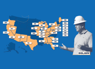 Photo of Secretary Walsh with a map showing which 30 states he visited