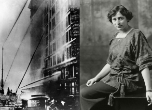 Collage with black and white photos: On the left, fire engines attempt to extinguish the Triangle Shirtwaist Factory fire. On the right, Crystal Eastman poses for a photo