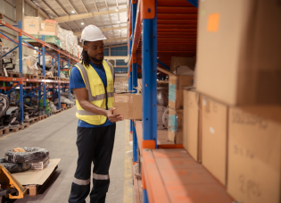 A worker wearing a hardhat and high visibility vest places a package on a shelf in a warehouse.