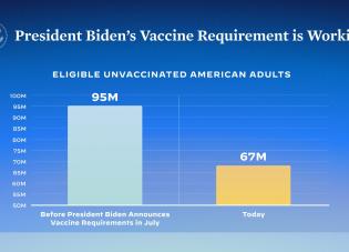 Light blue gradient background with a bar graphic showing eligible unvaccinated American adults before vaccine requirements and today. Before: 95M Today: 67M