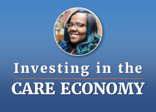 Photo of Alvirleen Scott, an early childhood educator in Dayton, OH. Below the photo reads: Investing in the Care Economy. Background is a blue gradient.