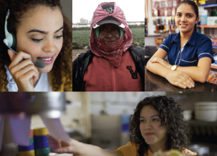 A collage shows four Latinas at work - in a call center, on a farm, in a shop and in a restaurant kitchen.