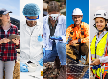 Perspectivas de empleos verdes.  Cinco fotografías de diversos trabajadores en diferentes ocupaciones relacionadas con el medio ambiente: un instalador de paneles solares, una técnica en turbinas eólicas, un químico, una ingeniera agrónoma y una ambientóloga.