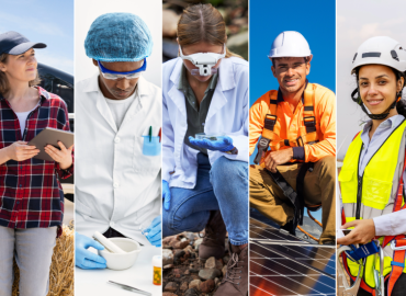 Perspectivas para os empregos verdes Cinco fotos de trabalhadores diversos em diferentes ocupações relacionadas ao meio ambiente, incluindo um instalador de painel solar, um técnico de turbina eólica, um químico, um engenheiro agrônomo e um cientista ambiental.