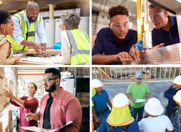 uma colagem de trabalhadores e empregadores em locais de trabalho