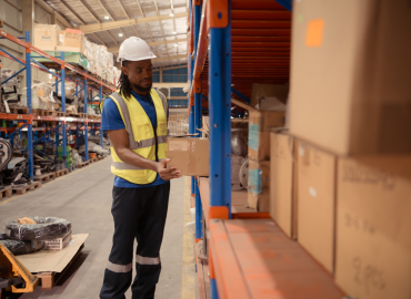 A worker wearing a hardhat and high visibility vest places a package on a shelf in a warehouse.